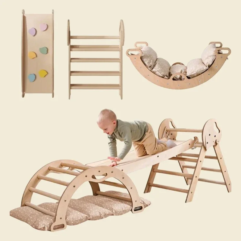 Triangle Set Foldable 8-in-1 Wooden Jungle Gym Hiking Rack with Arched Skateboard Mat
