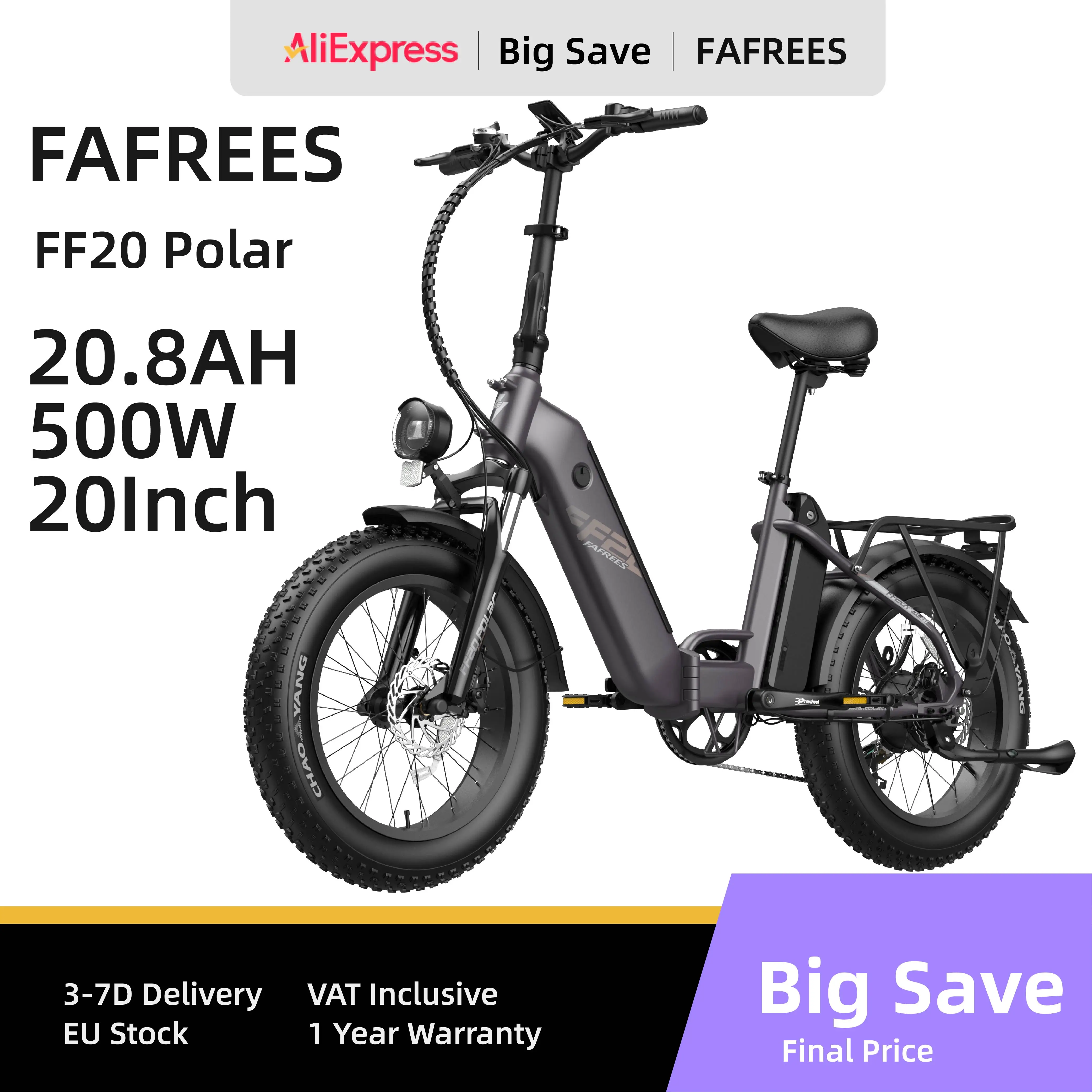 FAFREES FF20 Polar Electric Bike 48V 500W Hub-Motor 25km/h Max Speed Dual 10.4Ah Batteries, 70km-90km Max Range, Disc Brakes