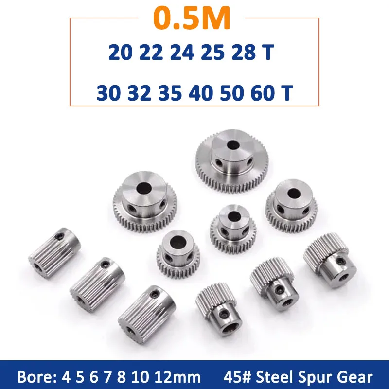 1pc 20T-60T 0.5M 45# Steel Spur Gear with Step 0.5 Module 20 22 24 25 28 30 32 35 40 50 60 Teeth Motor Gear Bore 4 5 6 7 8-12mm