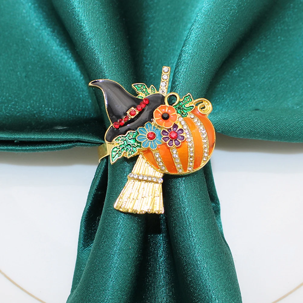 

4pcs Halloween Napkin Rings Wizard Hat Pumpkin Broom Decorative Reusable Table Accessories Metal Serviette Buckles