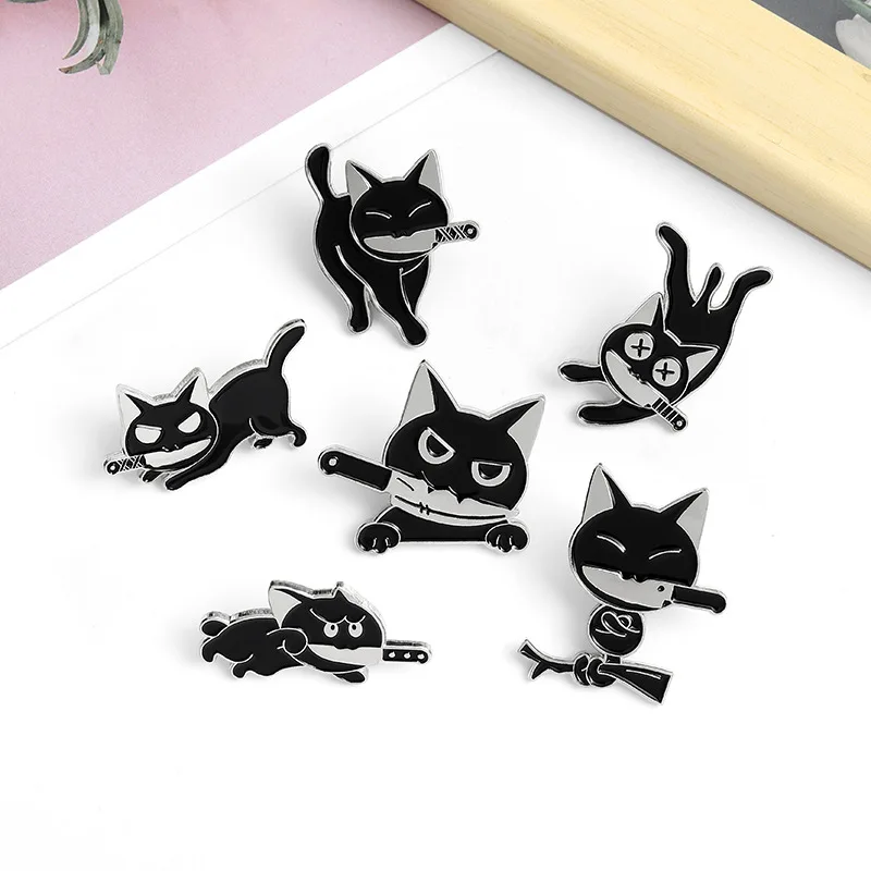 Killer Cat Enamel Pins Funny Animal Kitten Knife Badge for Shirt Coat Lapel Pin Cartoon Brooches Jewelry Gifts for Friend Kids