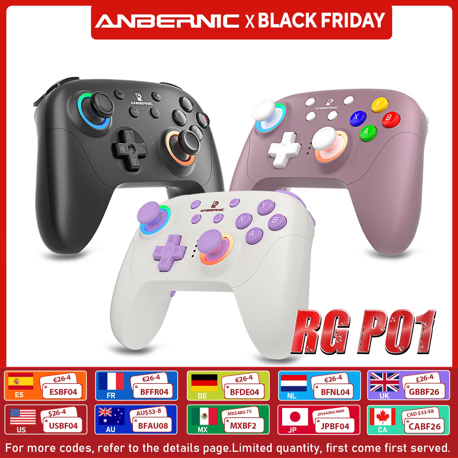 Anbernic rg p01 controlador de jogos com fio/sem fio bluetooth gamepad com efeito hall para interruptor/pc/vapor/android/ios iluminação rgb