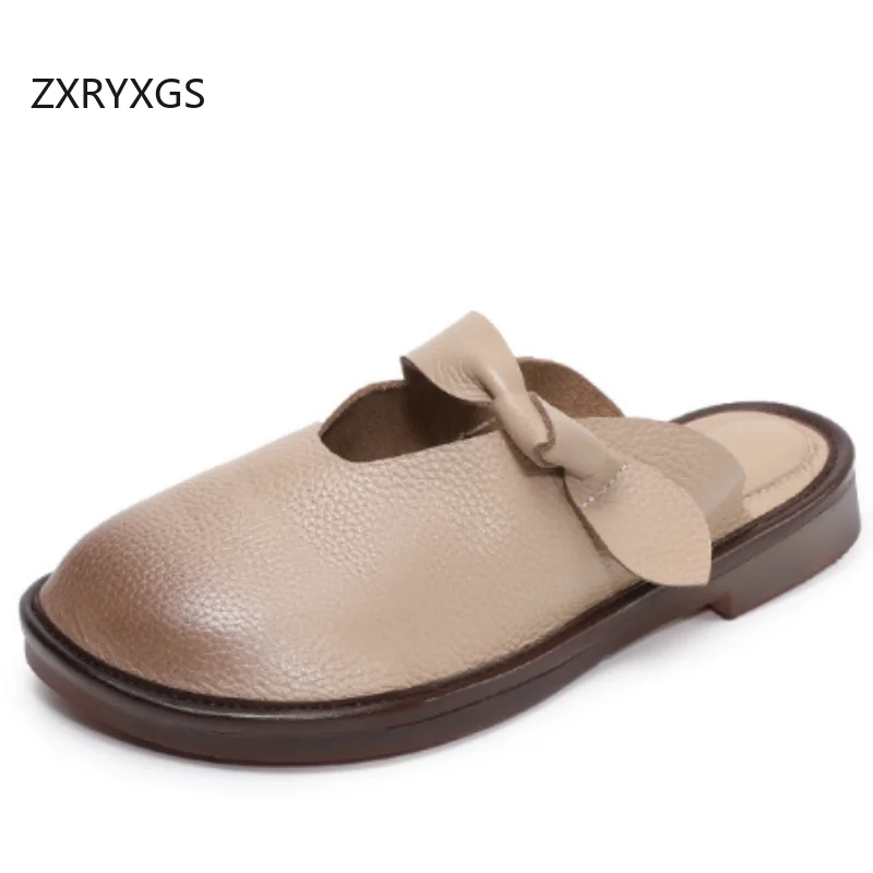 

ZXRYXGS Тапочки премиум-класса из натуральной кожи с круглым носком на плоской подошве, новинка 2025 года, весна-лето, удобные универсальные женские уличные тапочки с бантом