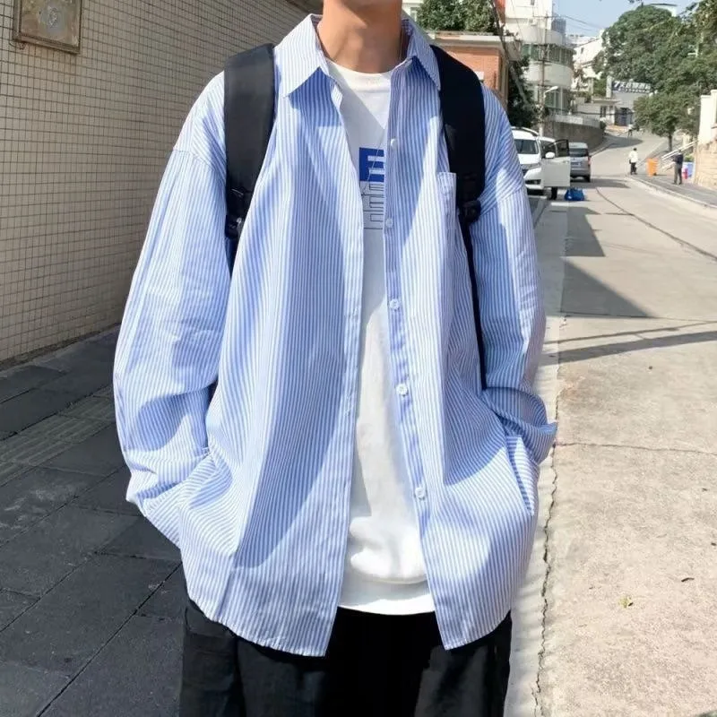 Men Striped Long Sleeve Shirt Summer Thin Loose Korean Japanese Hong Kong Style Casual Outerwear