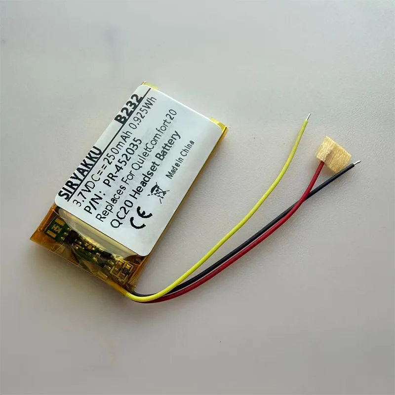 Wireless Headset Battery 3.7V/250mAh PR-452035, 402035(1ICP5/21/36) for Bose QC20, QuietComfort 20, for Mio MiVue C330, C335