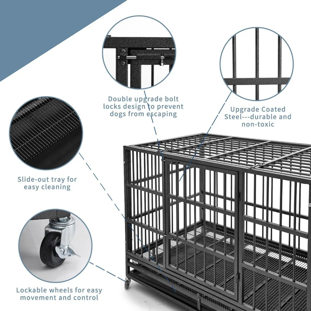 48 inch Heavy Duty Indestructible Dog Crate Steel Escape Proof, Indoor Double Door High Anxiety Cage, Kennel with Wheels