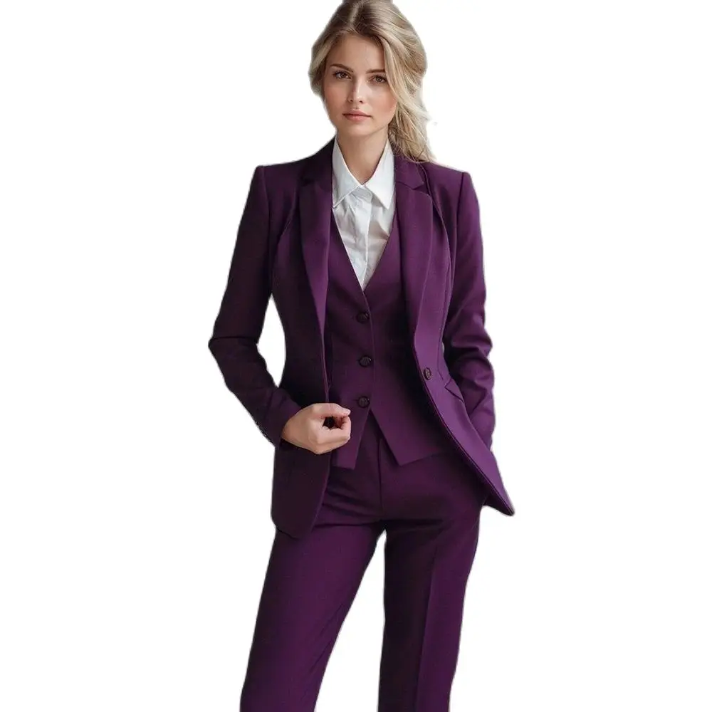 Luxury Purple Women Suit Single Breasted 3 Piece Jacket Vest Pants Blazer Set Slim Fit Elegant Office Lady Female Clothing