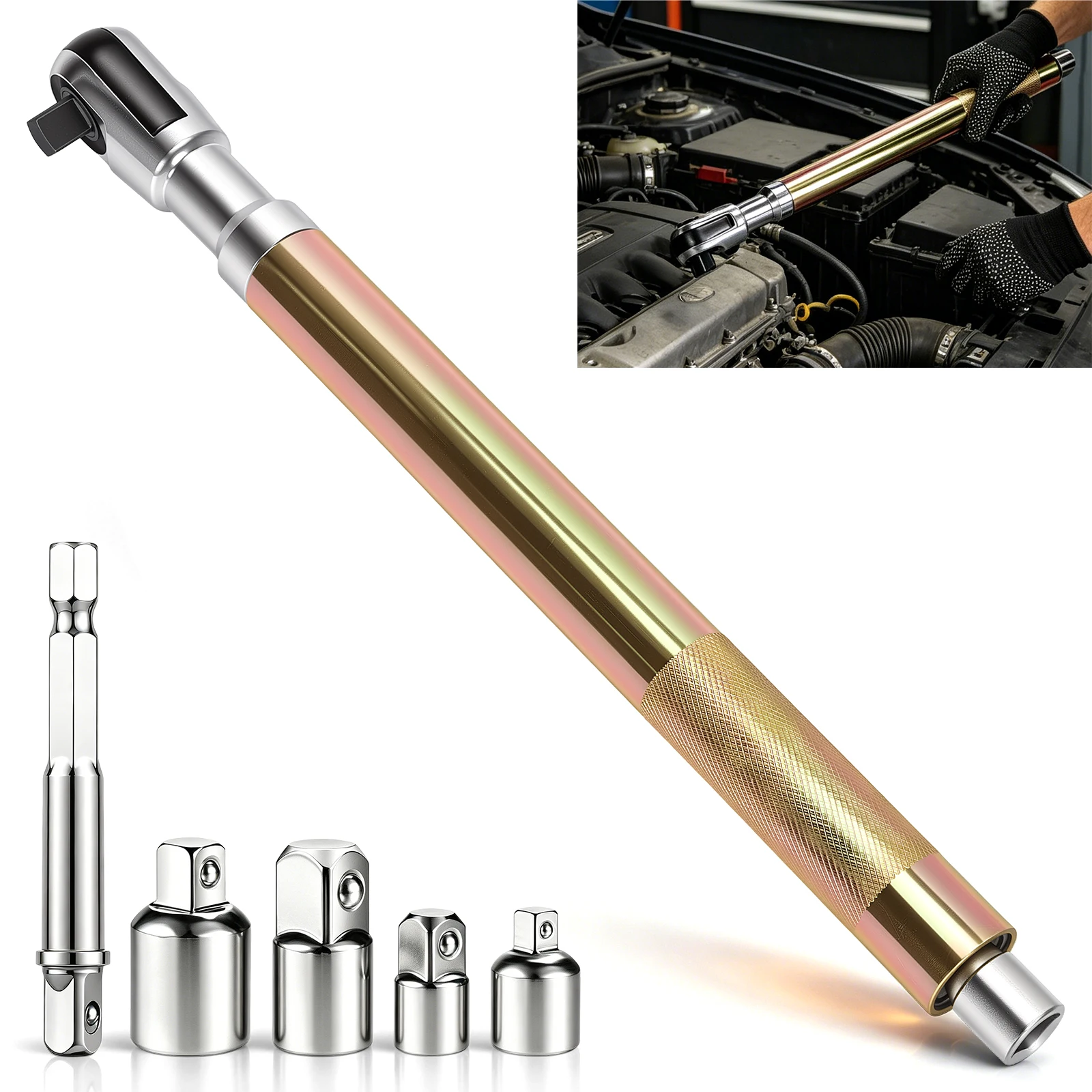 Chiave a cricchetto estensibile con meccanismo a impatto, chiave a cricchetto autonoma con estensione, strumento per riparazioni auto ad alta coppia, adattatori a innesto quadrato da 1/4" e 3/8",
