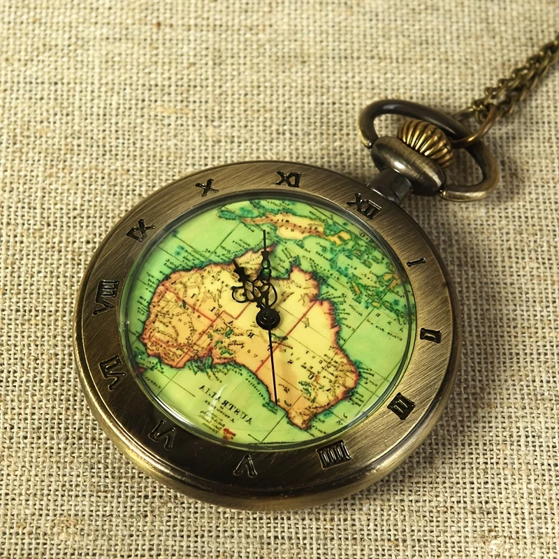 Clássico retro bronze mapa do mundo relógio de bolso de quartzo com colar corrente requintado pingente presente relógio masculino