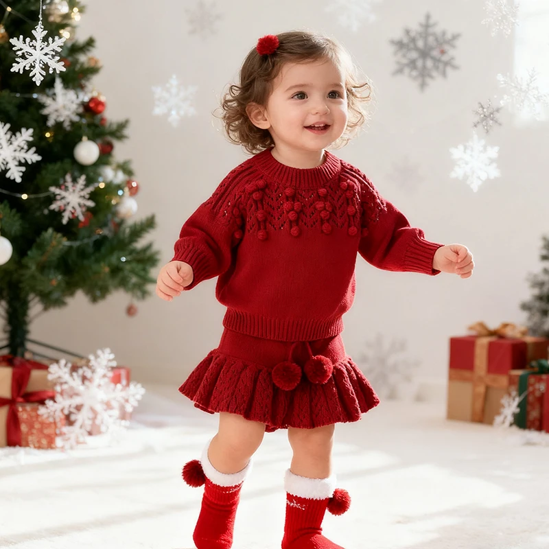 2025 New Autumn Christmas 0-24M Toddler Baby Girls Clothing Sets Long Sleeved Knitted Sweater+Shorts New Year Kids Clothes Suit