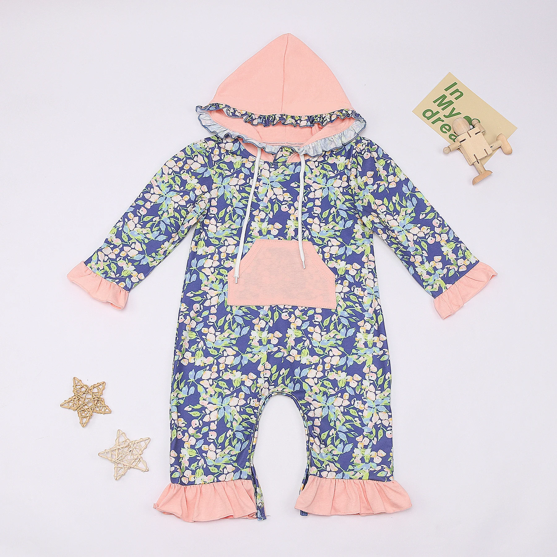 

2023 New Design Kids Girl Clothes Floral Hooded Set Leisure Style Fall One Piece Children Lace Bubble Cotton Grapefruit Romper