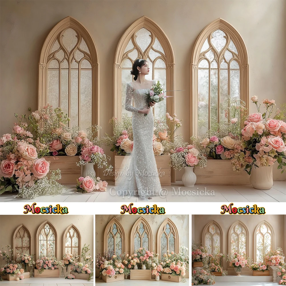 

Boho Arch Window Wedding Photography Background Flower Room Wooden Beige Backdrop Baby 1st Birthday Maternity Photo Studio Props