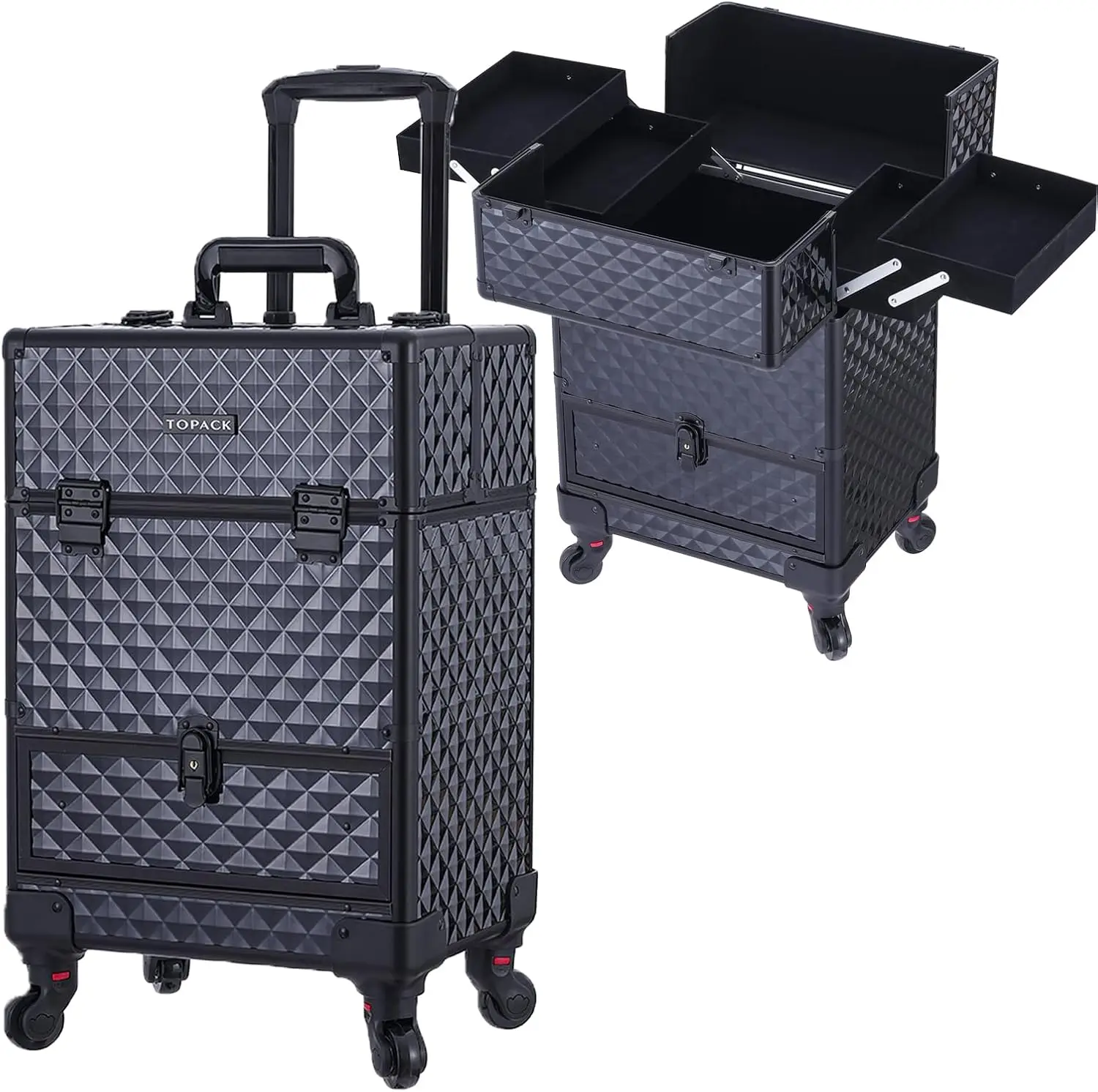 

360° Rotating Wheel Aluminum Cosmetic Case with Trolley, 4-Tray Travel Organizer for Tattoo/Barber/Nail Tech, Black