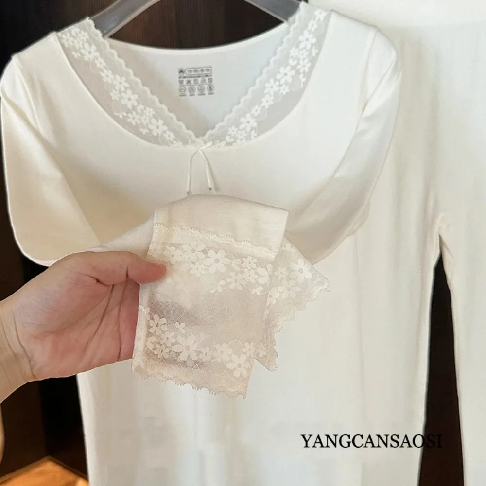 المرأة موضة جديدة بدلة دافئة مرونة عالية غير مقيد الدانتيل الخامس الرقبة مقطوعة القطن بلون الخريف الملابس فستان أطفال مع سروال داخلي