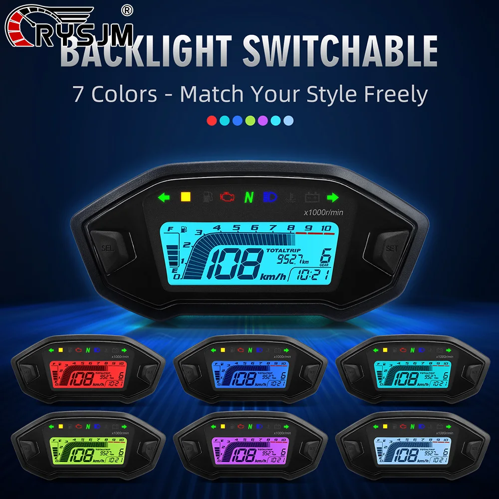 7 Color LED Motorcycle Instrument 0-10000RPM Tachometer LCD Display Speedometer Dashboard Gear Gauge With Alarm For 2 4 Cylinder