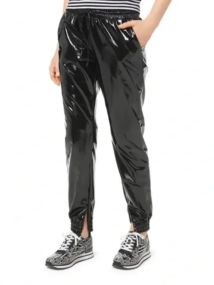 Women Glossy Patent Leather Trousers Elastic Waistband High Waist Faux Latex Cargo Pants Ladies Casual High Waist PVC Sweatpants