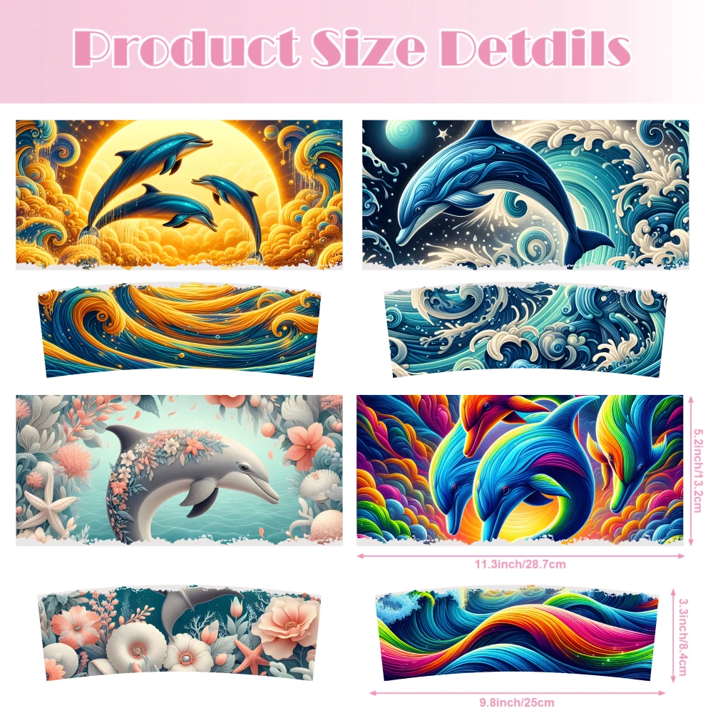 4 Sheets Dolphin Floral Ocean Waves Sunset Rainbow UV DTF Stickers for 40oz Tumblers Waterproof DIY Decals Decorative Transfer