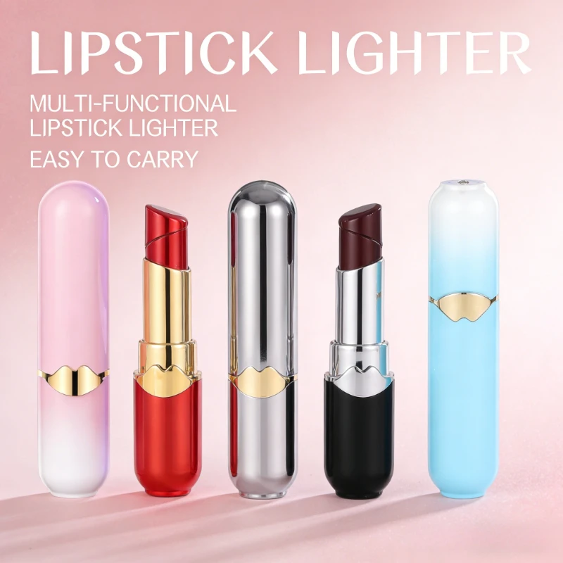 

Chic Gradient Color Lipstick Style Lighter Windproof Metal Construction Refillable Butane Trendy Smoking Accessory for Ladies