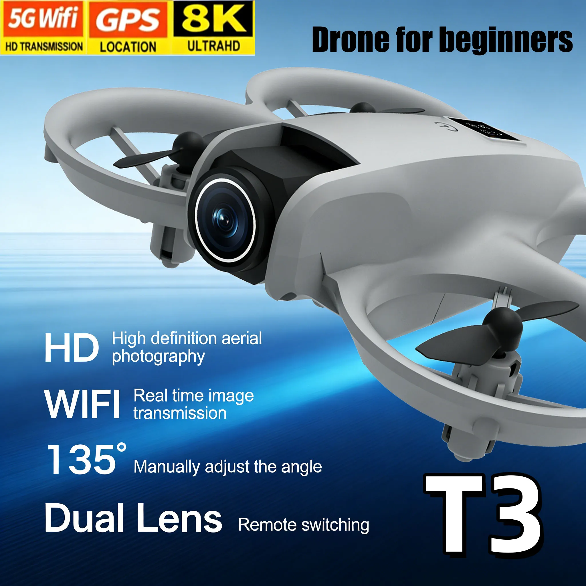 HD 8K Professional Drone with GPS Camera -T3 Mini Foldable FPV Quadcopter 5G WiFi Auto Return Obstacle Avoidance RC Aircraft Toy