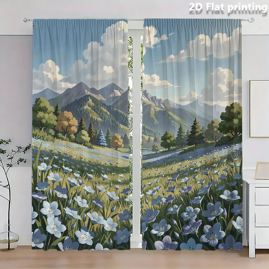 2PCS Digital Print Curtains, Blue Wildflower, Meadow Nature