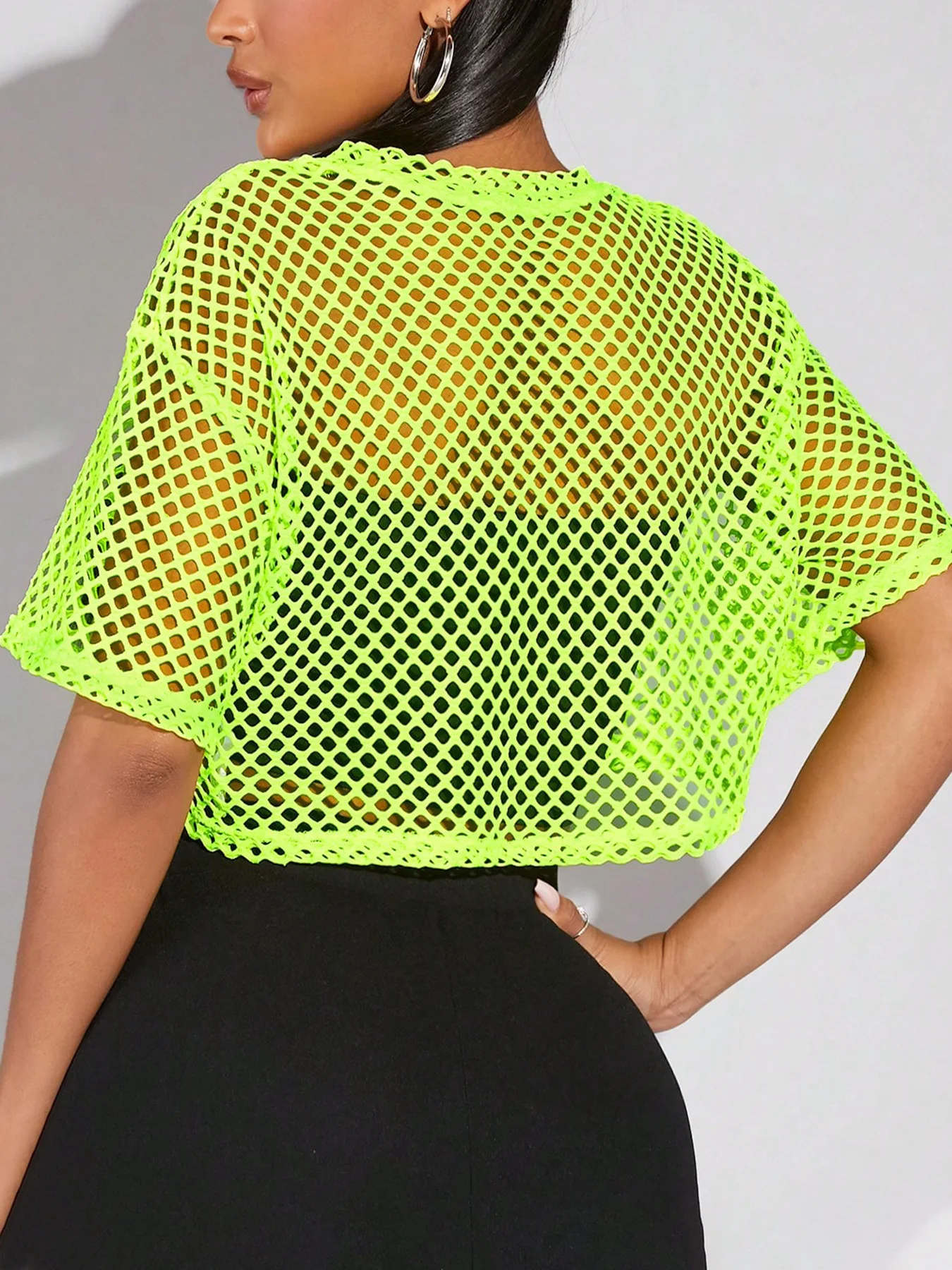Summer 2026 Crop Top Short T-shirt Women Fluo Green Sexy Mesh Hollow Out Loose Top For Women Tees Short Sleeve Fashion 66012