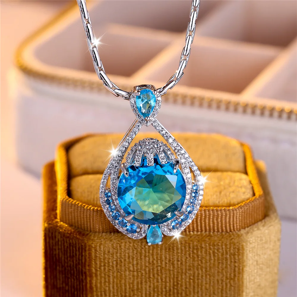 Luxuriöse, blaue, runde Zirkon-Anhänger-Halskette für Damen, silberfarben, zarte Geschenke, Hochzeitsschmuck für Frauen – Detail 2