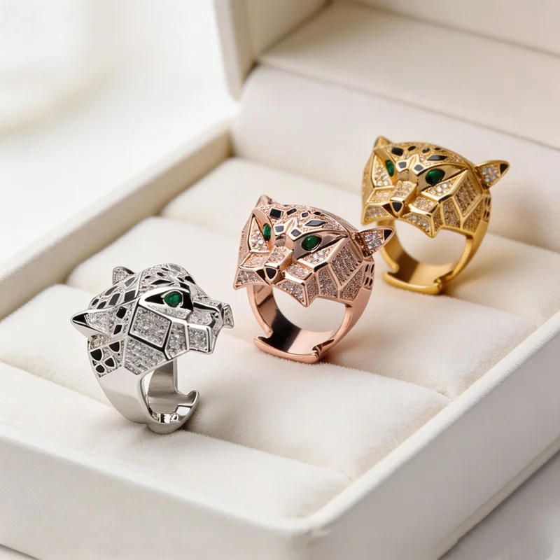 Classic Fashion Style Ring Men Women Lady Inlaid Full Cubic Zircon Black Patches Green Eyes Leopard Panther Party Rings
