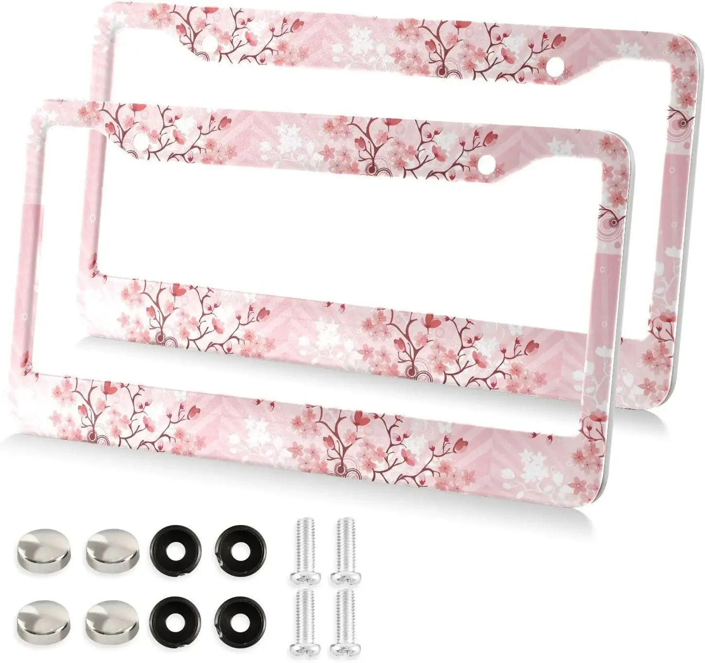 Cherry Blossoms Pattern Car License Plate Frame 2 Pack License Plate with 2 Holes Car Tag Frame for Women Men US Vehicles