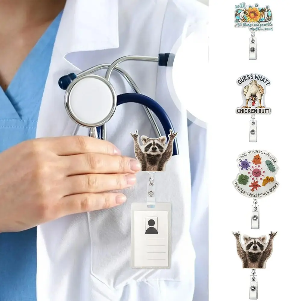 

Funny Raccoon Badge Reel Acrylic with Alligator Clip ID Badge Clip Portable Retractable Badge Reel Holder