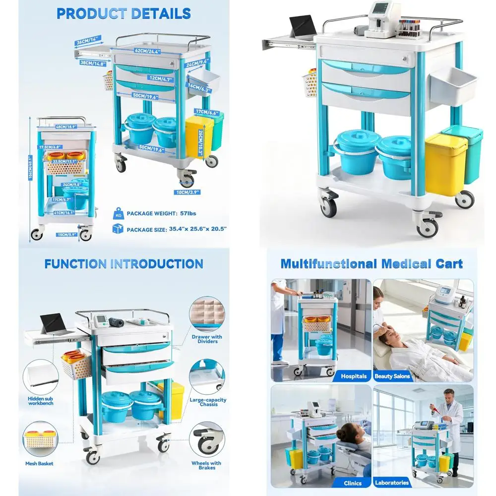 Silent Rolling Medical Storage Cart with Brakes