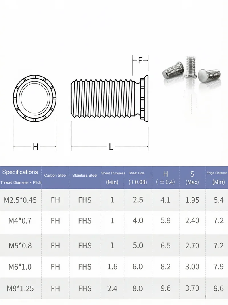 2.5 M3 M4 M5 M6 M8 304 Stainless Steel Self Clinching Studs Pressure Rivet Screw FHS Flush Head Studs Length:5-40mm