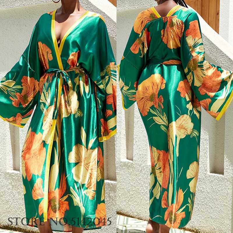 Long Kimono Bath Robe Gown Wide Sleeve Print Flower Robe Women Satin Nightgown New Silk Satin Nightdress V-Neck Lounge Sleepwear