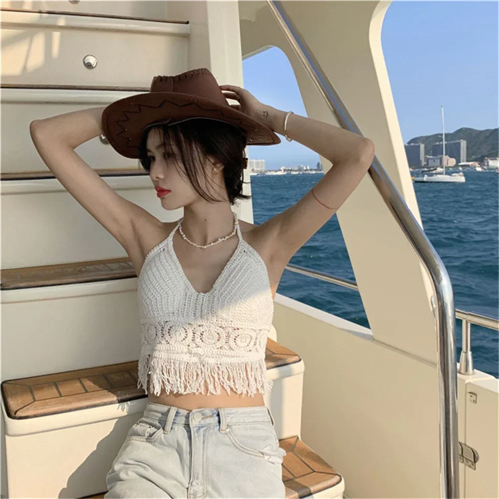 Women's Boho Fringe Backless Halter Tie Neck Underwear Outerwear with Neck Hanging Embroidery Tassel Suspender Vest Short Tank image 6