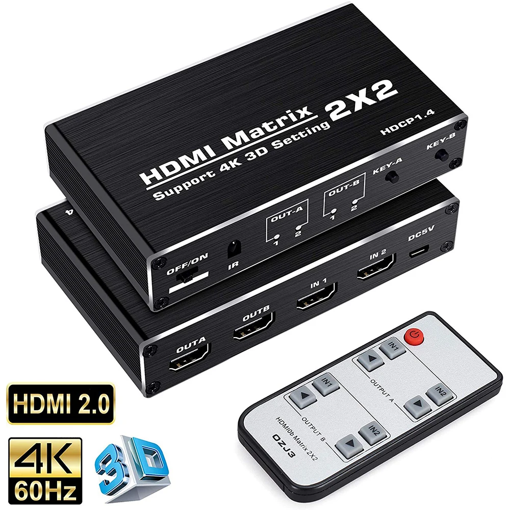 4K HDMI-compatible Matrix Switcher 2x2 1080P 3D 2 in 2 out Switch Splitter Video Matrix Adapter for PS4/PS3 PC Laptop TV