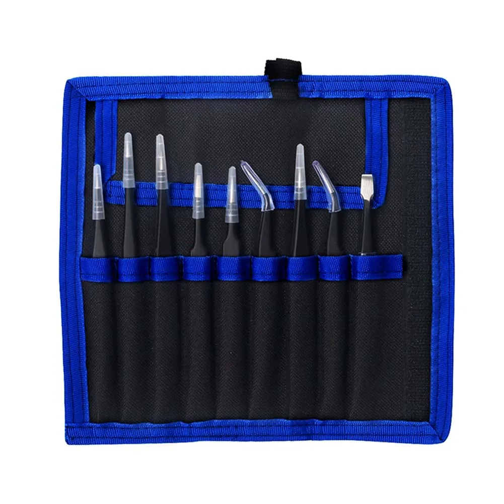 

9Pcs ESD Stainless Steel Tweezers Set Repair Tool Kit Anti Static For Electronics Phone Repairing