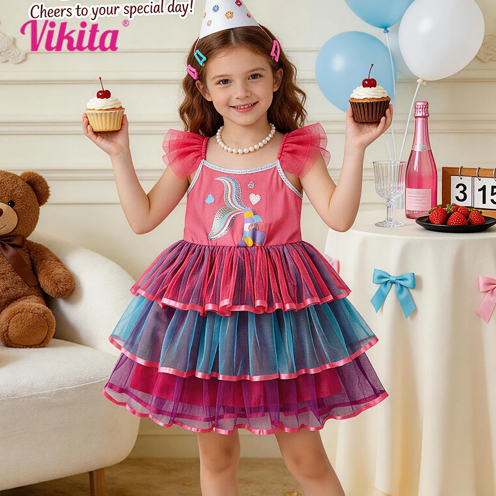 VIKITA Mädchen-Meerjungfrau-Tutu-Kleid mit Flatterärmeln, glitzerndes, regenbogenfarbenes, mehrstufiges Tüll-Prinzessinnen-Partykleid mit Hosenträgern für Kinder