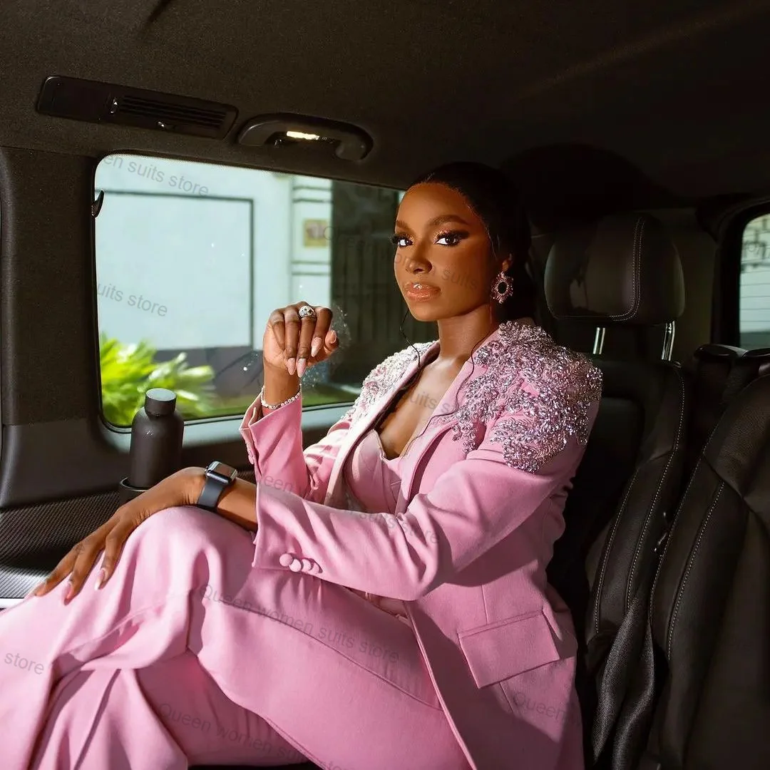 Blazer e calças femininos, conjunto de calças formais, cristais rosa, tamanho personalizado, casaco de smoking de casamento, jaqueta de baile, mãe convidada, 2 peças