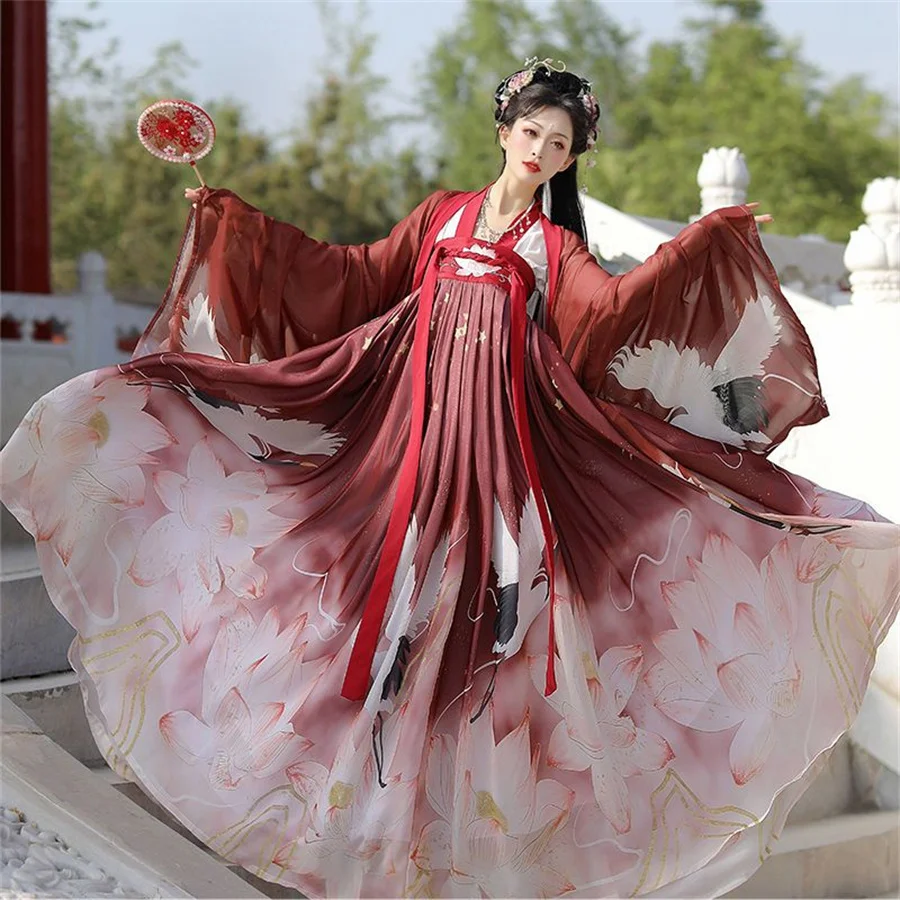 Hanfu rok tradisional Tiongkok wanita, kostum putri Han Tang pakaian hijau merah muda Cosplay panggung Cina kuno elegan