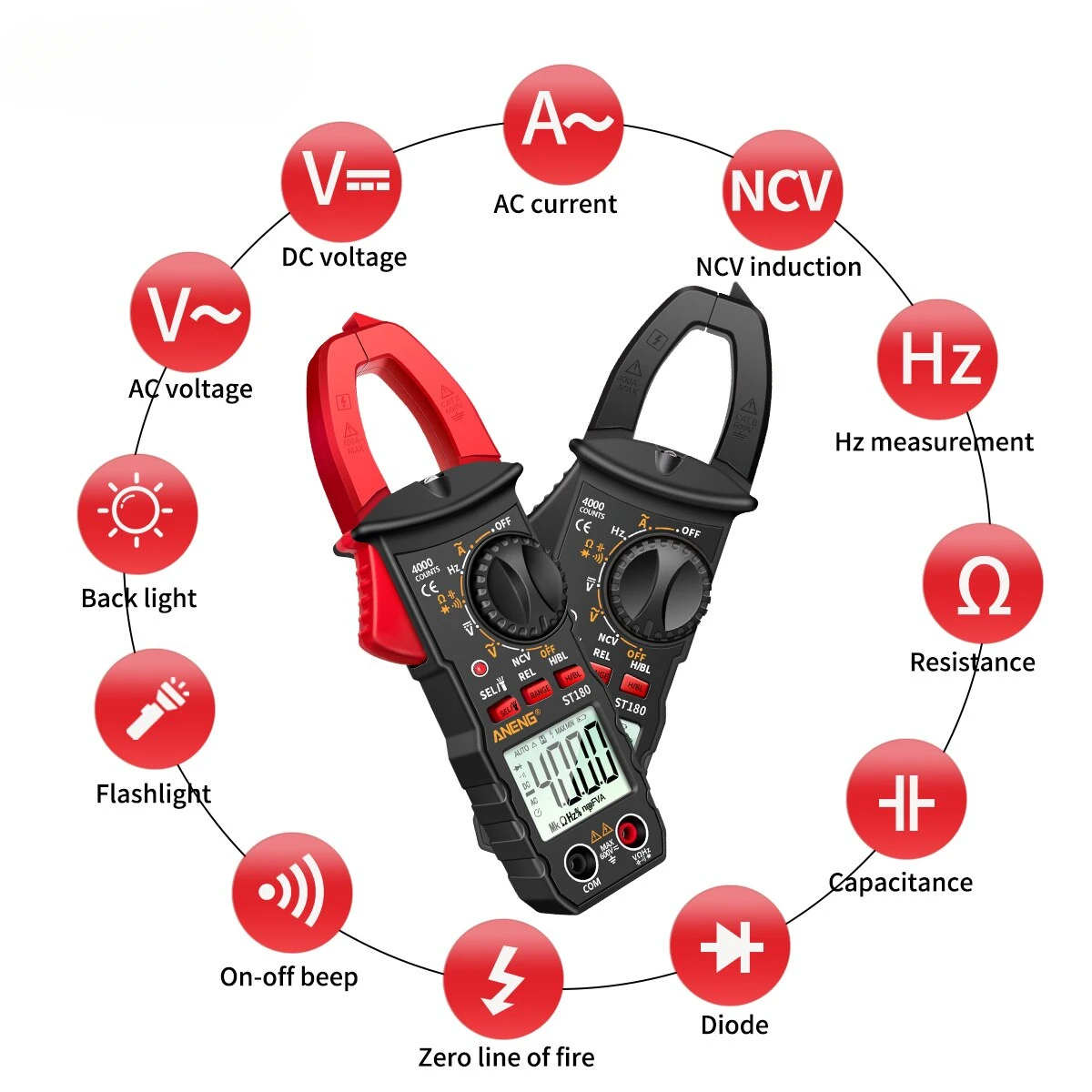 ST180 AC Current Clamp Meter  Digital 4000 Counts Multimeter Ammeter Voltage Tester Car Amp Hz Capacitance NCV Ohm Tool