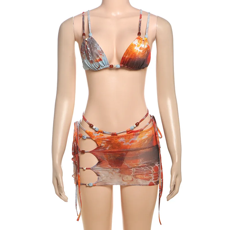 VEITCHE Sommer-Perlen-Patchwork-Bikini, 3-teiliges Set, sexy bunte BH-Tops + störende Slips + hohle Röcke, Strand-Badeanzüge – Detail 12