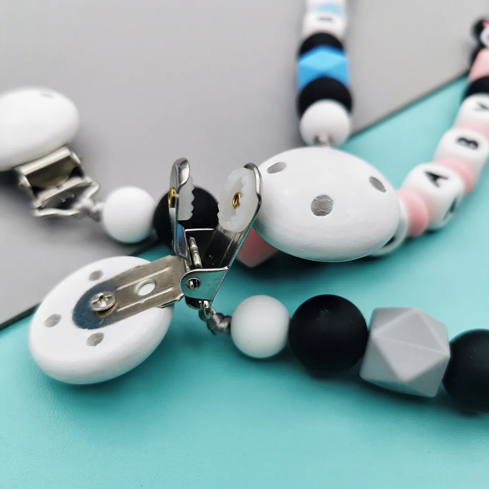 Custom English Russian Letters Name Baby Silicone Panda Pacifier Clips Chains Teether Pendants Baby  Teething Kawaii Toys Gifts