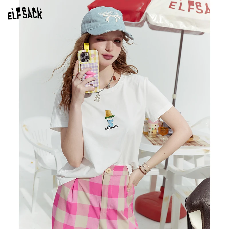 ELFSACK 2024 Summer New Multi-color straight shoulder slim fit cute style versatile short-sleeved T-shirt for women