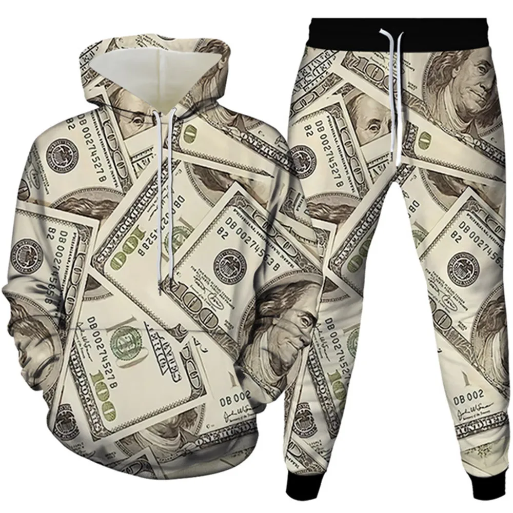 US 100 Dollar 1$ Currency Money Printed Clothes For Men Outdoor Fashion Tracksuit Sweatpants Hoodies 2 Pieces Costume Homme Sets