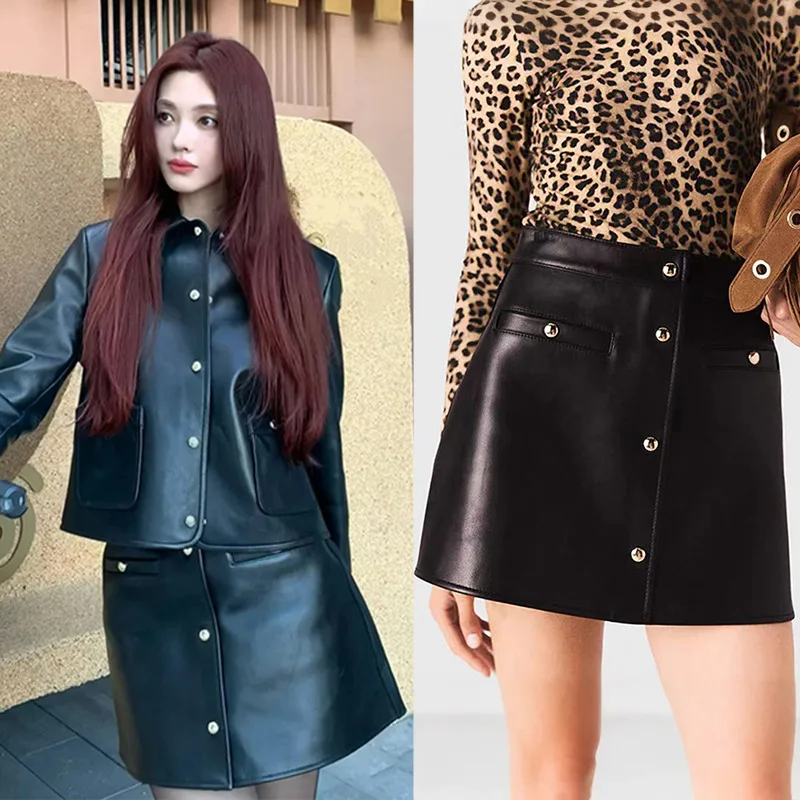 

2025 Autumn Winter Trendy Luxury Black Lapel Leather Jacket with Concealed Buttons and A-Line Mini Skirt Set 25900