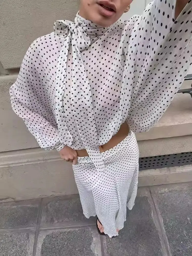 HH Women Vintage Polka Dot Skirt Sets Long Sleeve Bow Tie Shirt Loose A-line Skirt 2026 Spring Casual Vacation Beach Outfits image 6