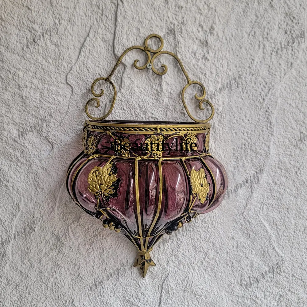 American retro wrought iron wall decoration, wall hanging, artificially blown glass vase wall decoration