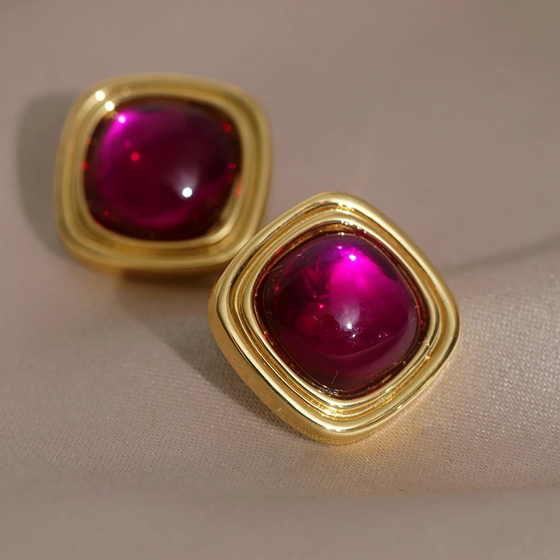 Vintage Gold Color Geometric Square Stud Earrings for Women Trendy Korean Retro Colorful Crystal Earrings Jewelry Accessories