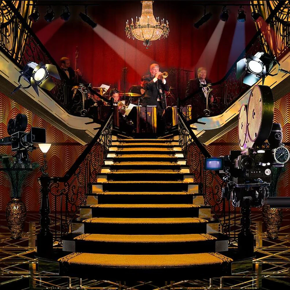 

Great Gatsby Movie Set Roaring 1920s City Vintage Flapper Chandelier Staircase backdrop party backgrounds