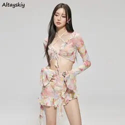 Bikinis Set Swimsuit Women Sweet Floral Prints Summer Girlish Sexy Ruffles Korean Style High Waist Swimwear Fashion Beach Wear