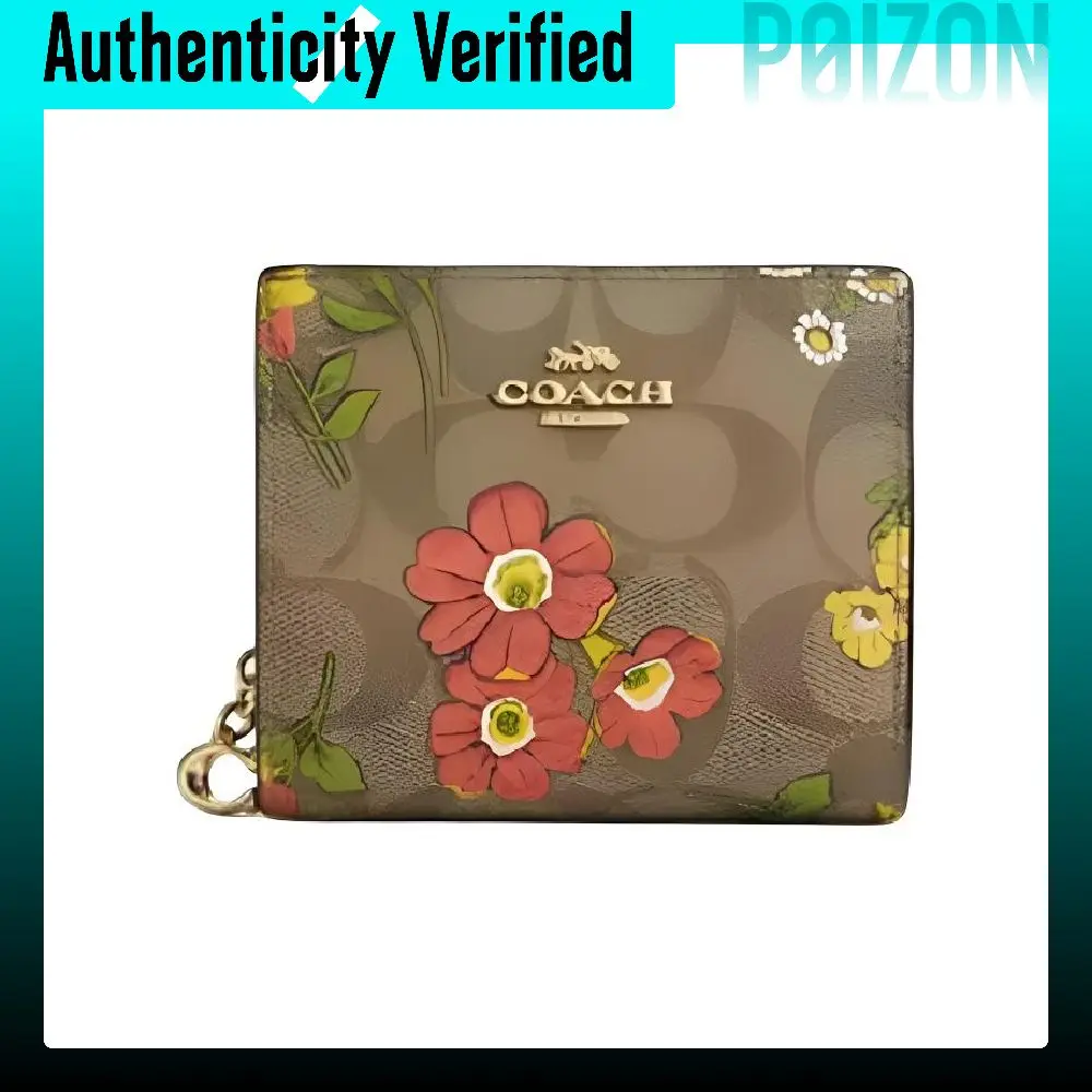 COACH Snap Wallet Iconic Coated Canvas With Smooth Leather Card Holder Regular Women's Gold & Khaki & Multicolor CR939-IME7V